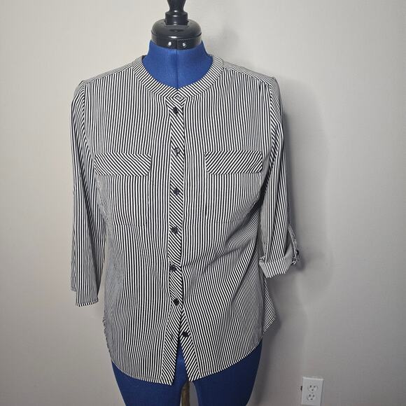 Kim Rogers Navy White Stripe Button down blouse with sleeve roll button closure - Picture 1 of 8